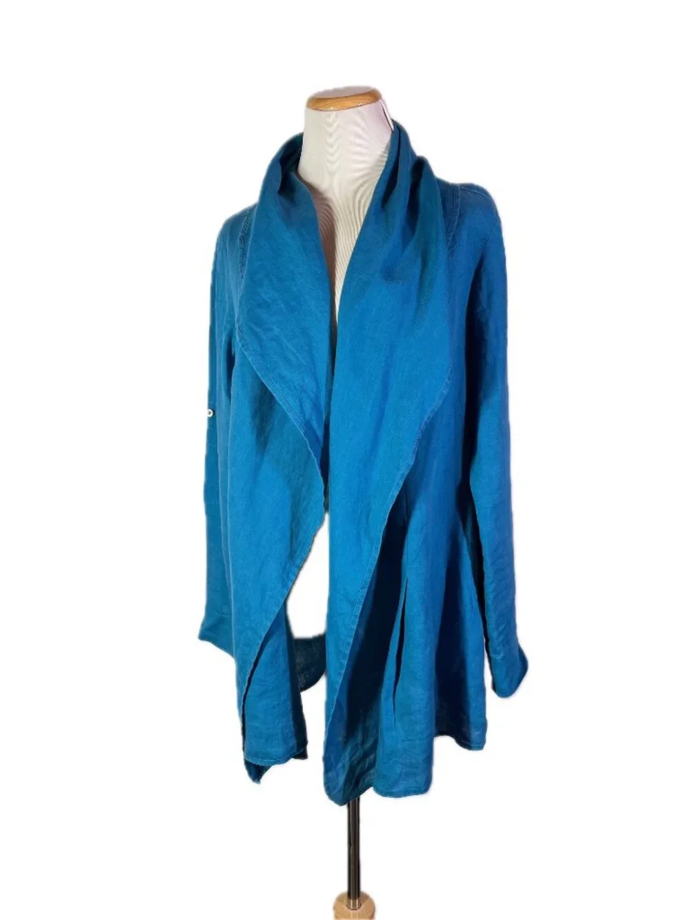 Soft Surroundings Size M Teal Linen Hooded Jacket Open-Front Roll-Tab Sleeves